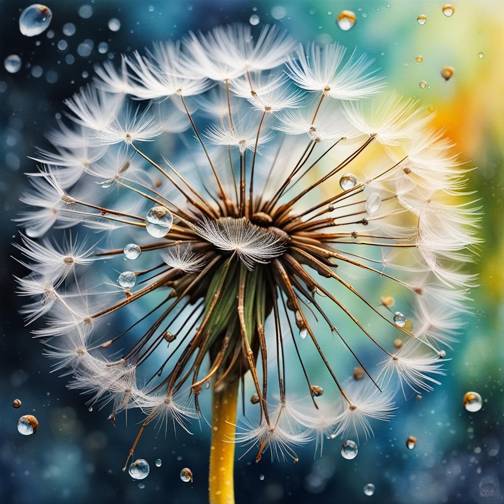 Hyperrealistic Dandelion Seed Head with Dew Drops