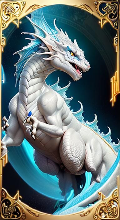 Ethereal White Dragon Wields Velvet Shield in Art Deco Style