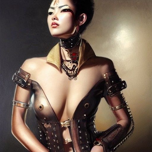 Asian Biker Woman in Leather, Hyper-Realistic Digital Art