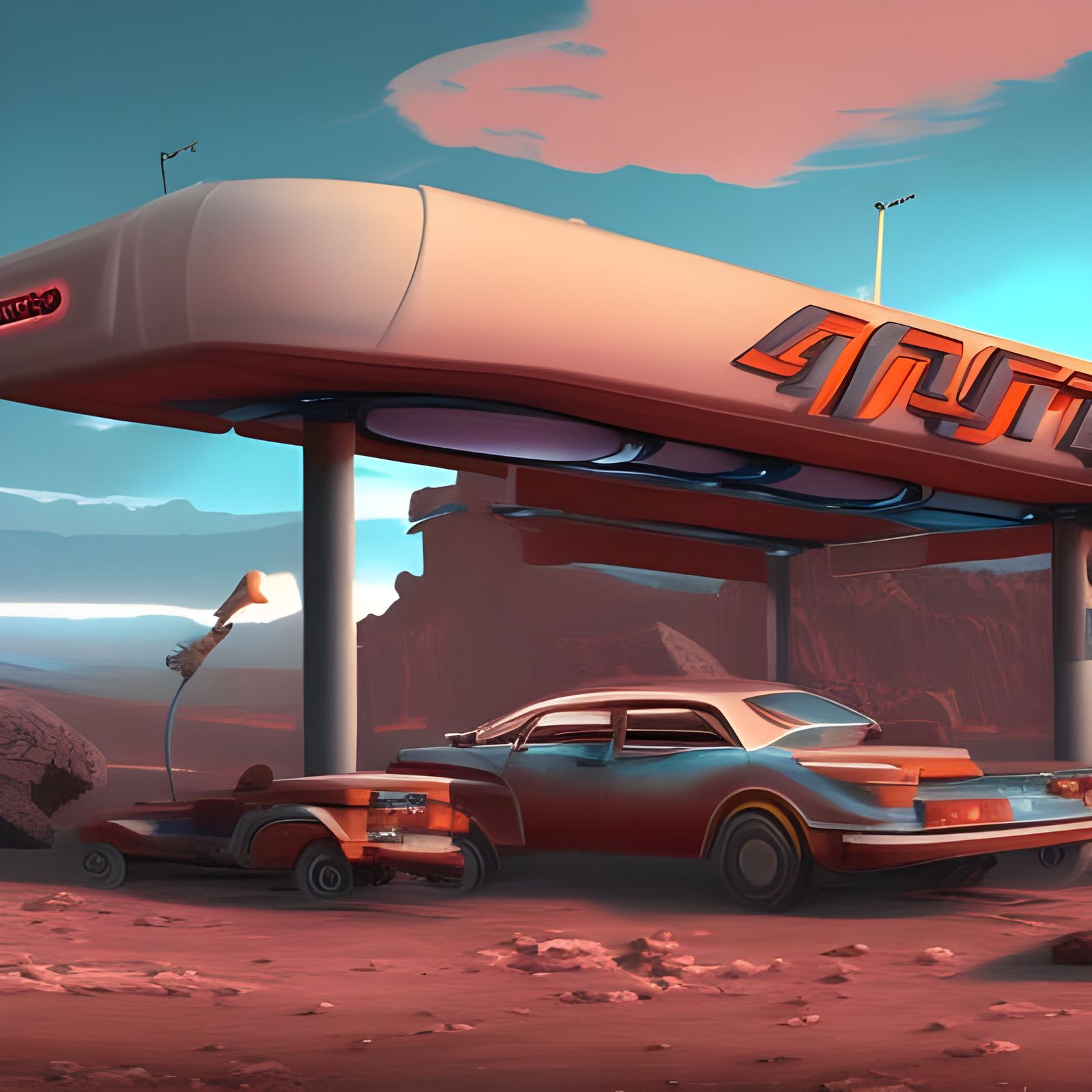 Retro Gas Station on Mars: Detailed Matte Painting