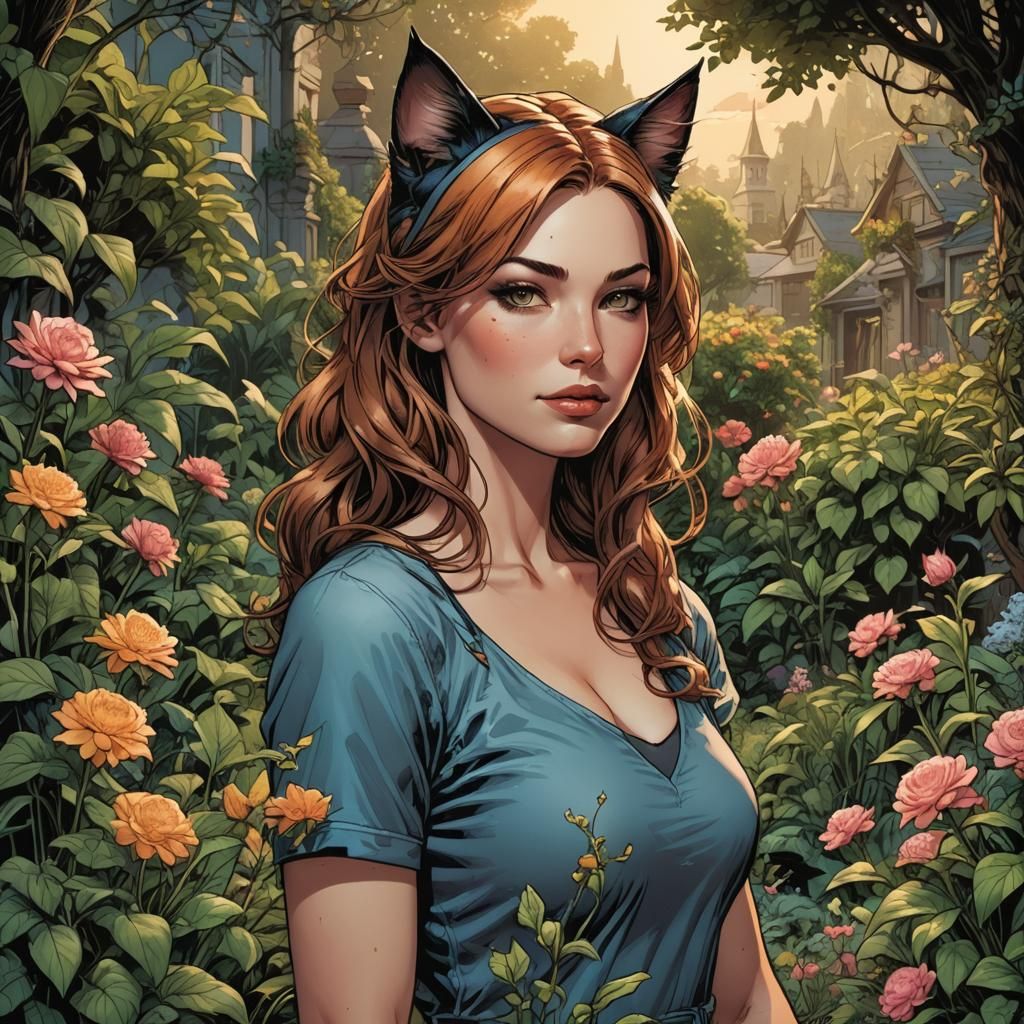 Woman with Cat Ears in Comic Book Art Style