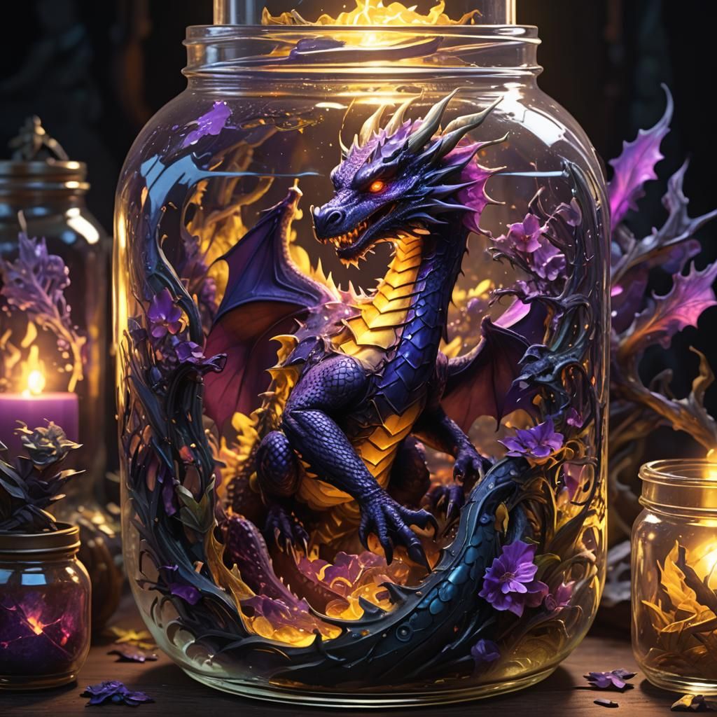 Glowing Dragon in Jar: Dark Fantasy Concept Art