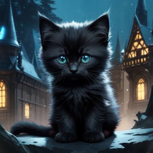 Cute Chibi Kitten on Bioluminescent Castle Grounds