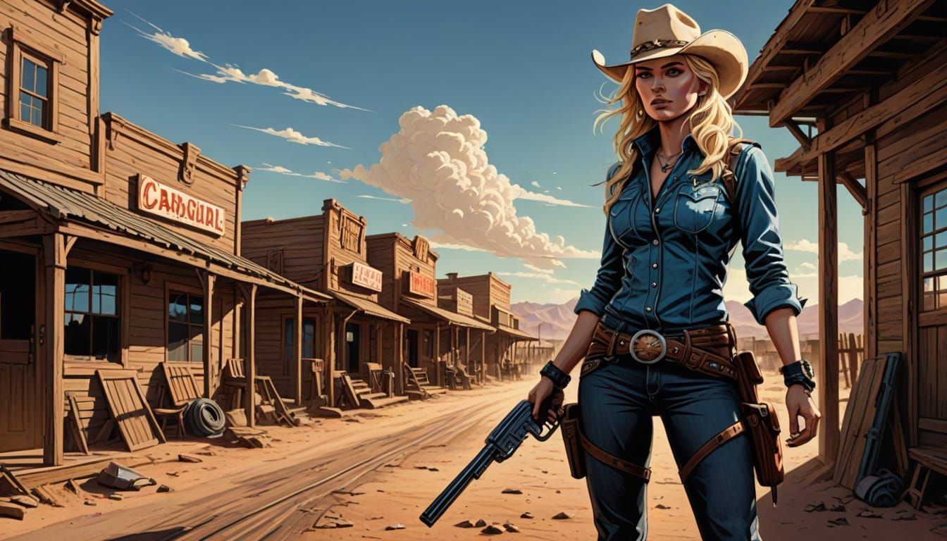 Blonde Cowgirl with Gun in Graphic Novel Style