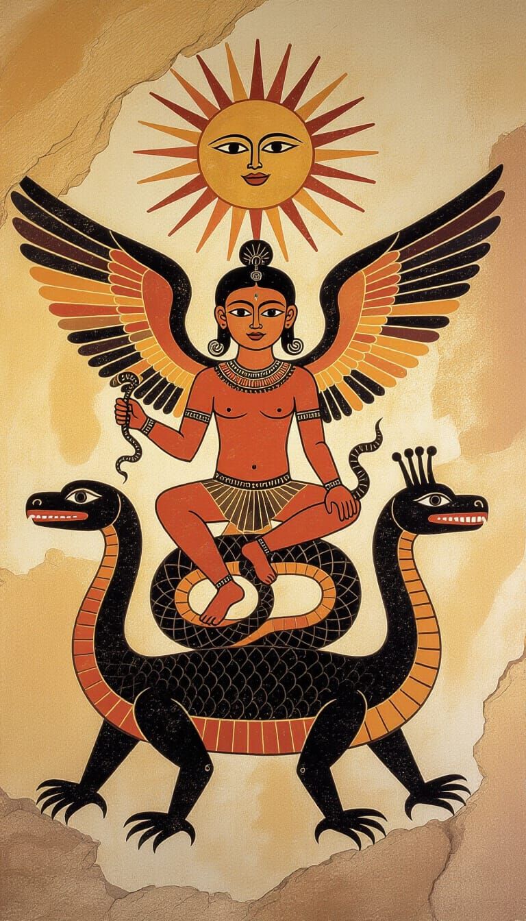 Ancient Cave Painting of Winged Spirit and Serpent Beast