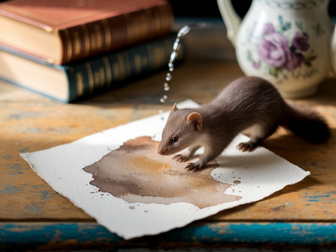 Whimsical Weasel Washing Distressed Watercolor as Photograph