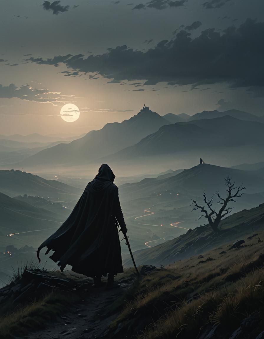 Soul Reaper Silhouette on Windswept Hill as Oil Painting