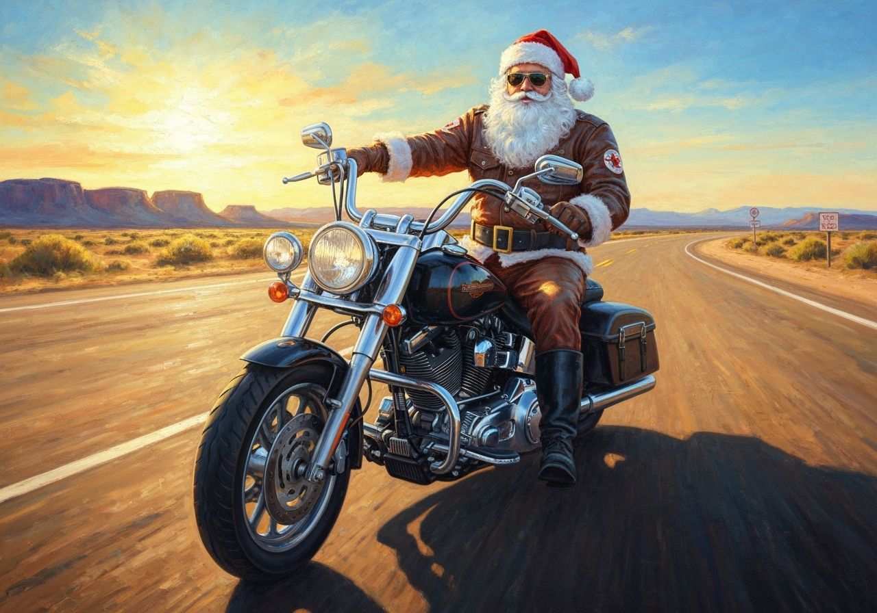 Santa On A Harley Motorcycle Vacation In The American West