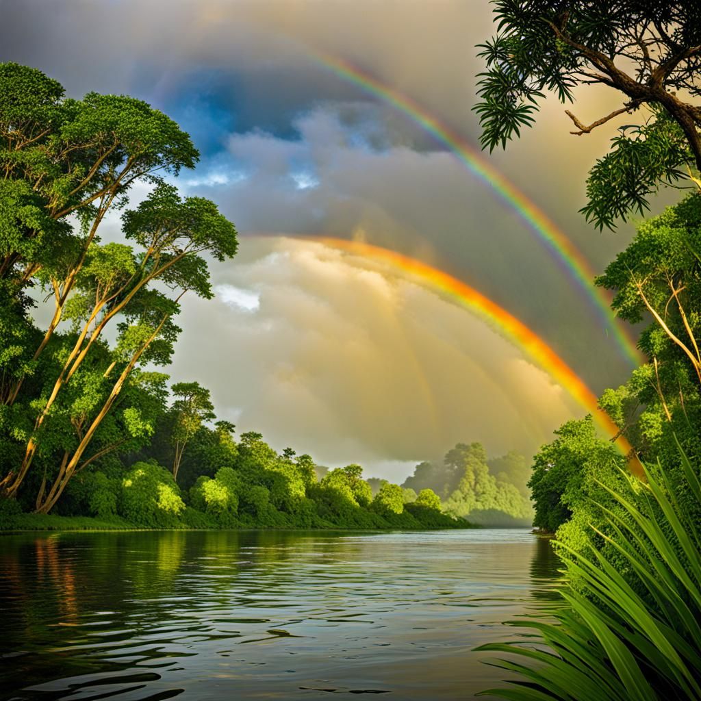 Rainbow Over Jungle River in the Rain