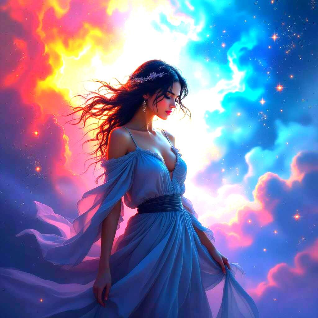 Ethereal Woman in Cosmic Dreamscape