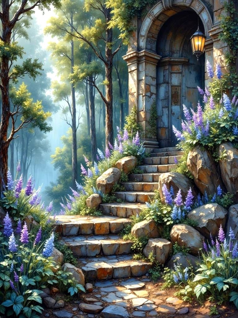 Forest Path with Stone Stairs and Secret Door, Impressionist...