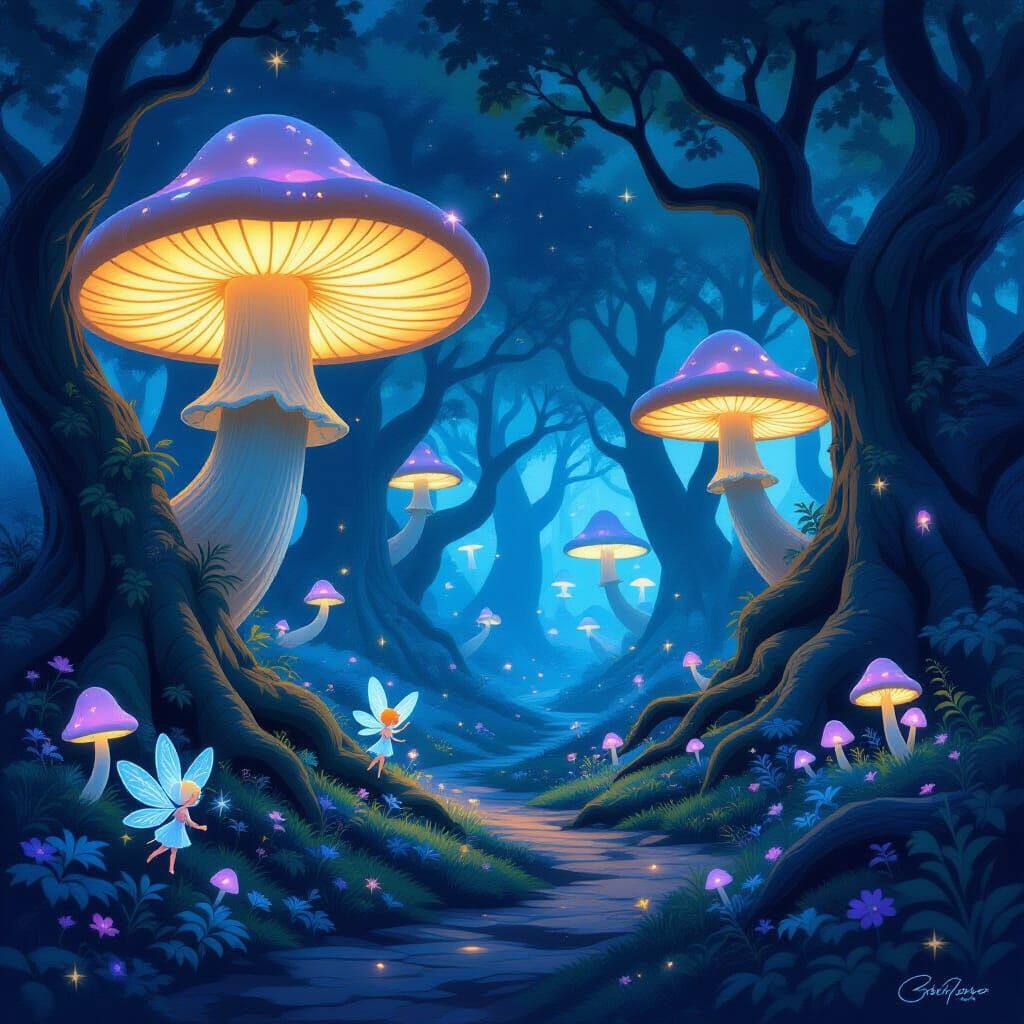 Bioluminescent Forest with Glowing Mushrooms and Sprites
