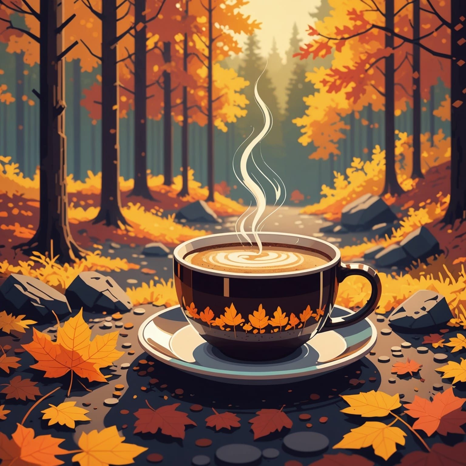Pixel Art Coffee in Sunny Autumn Forest