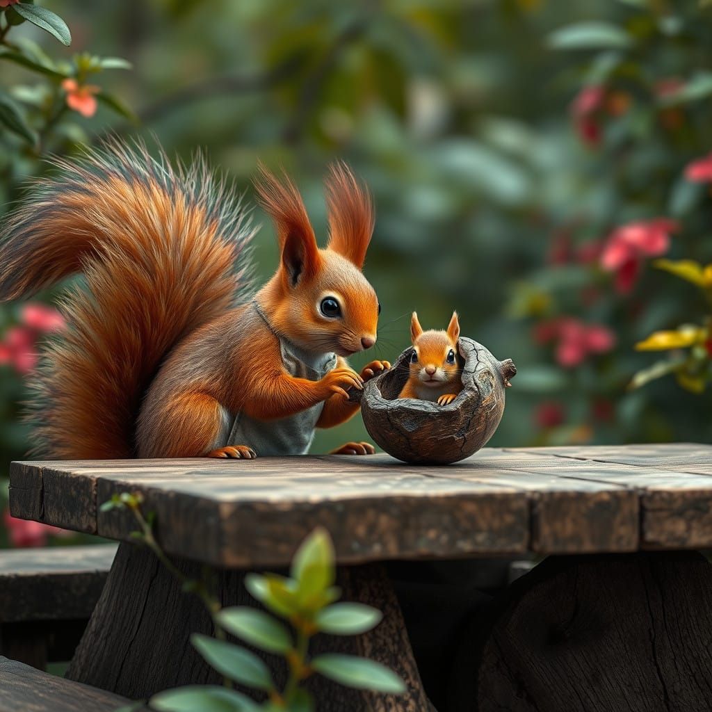 Meticulously Detailed Red Squirrel in a Surreal Nut Scene