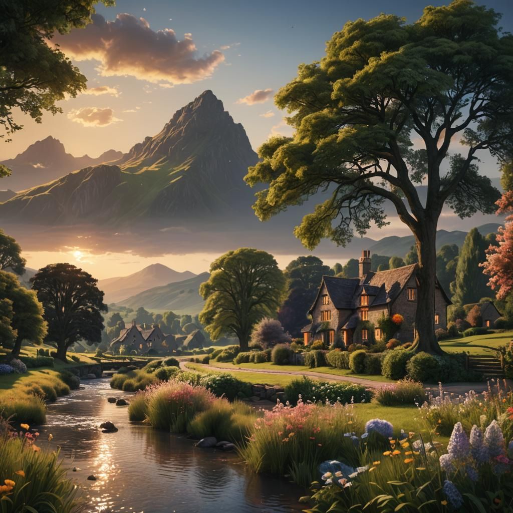 Cotswold Cottages and Mountain Valleys at Sunset