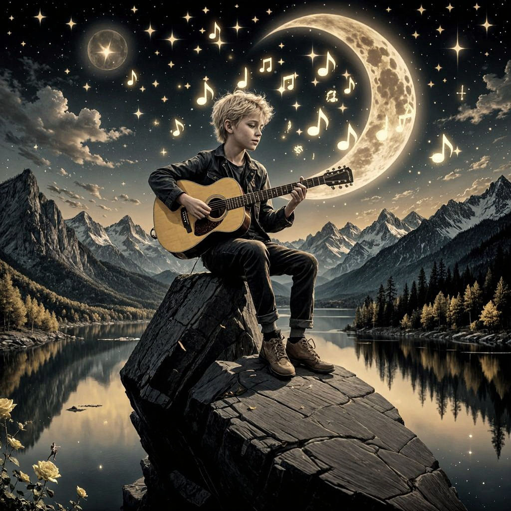 Boy Plays Guitar on Cliff Under Moonlit Sky in Gold and Blac...