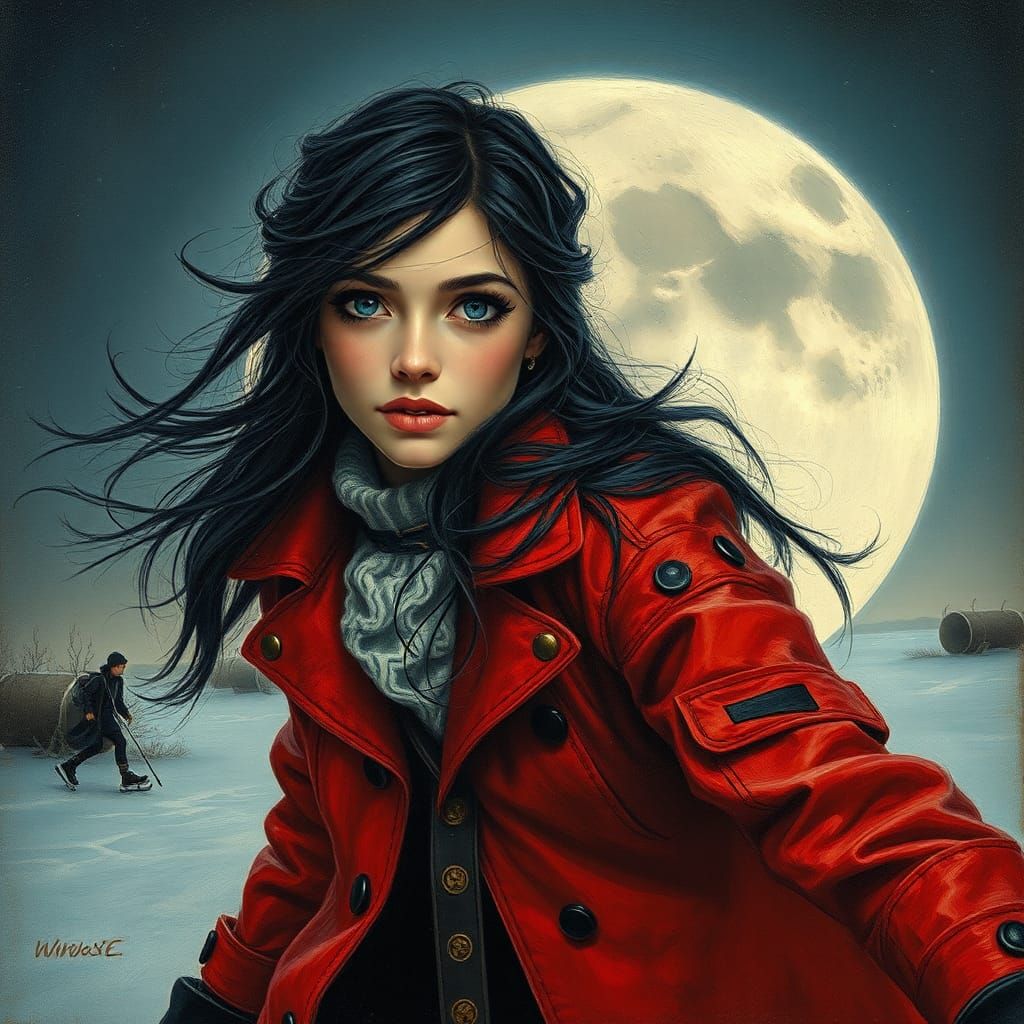 Steampunk Woman Skating on the Moon: Pre-Raphaelite Oil Pain...
