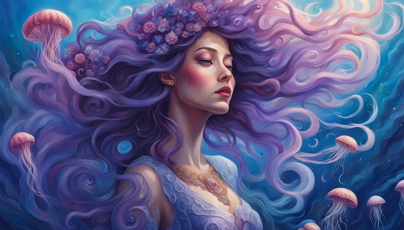 Dancing Jellyfish Girl on Underwater Flower Hill