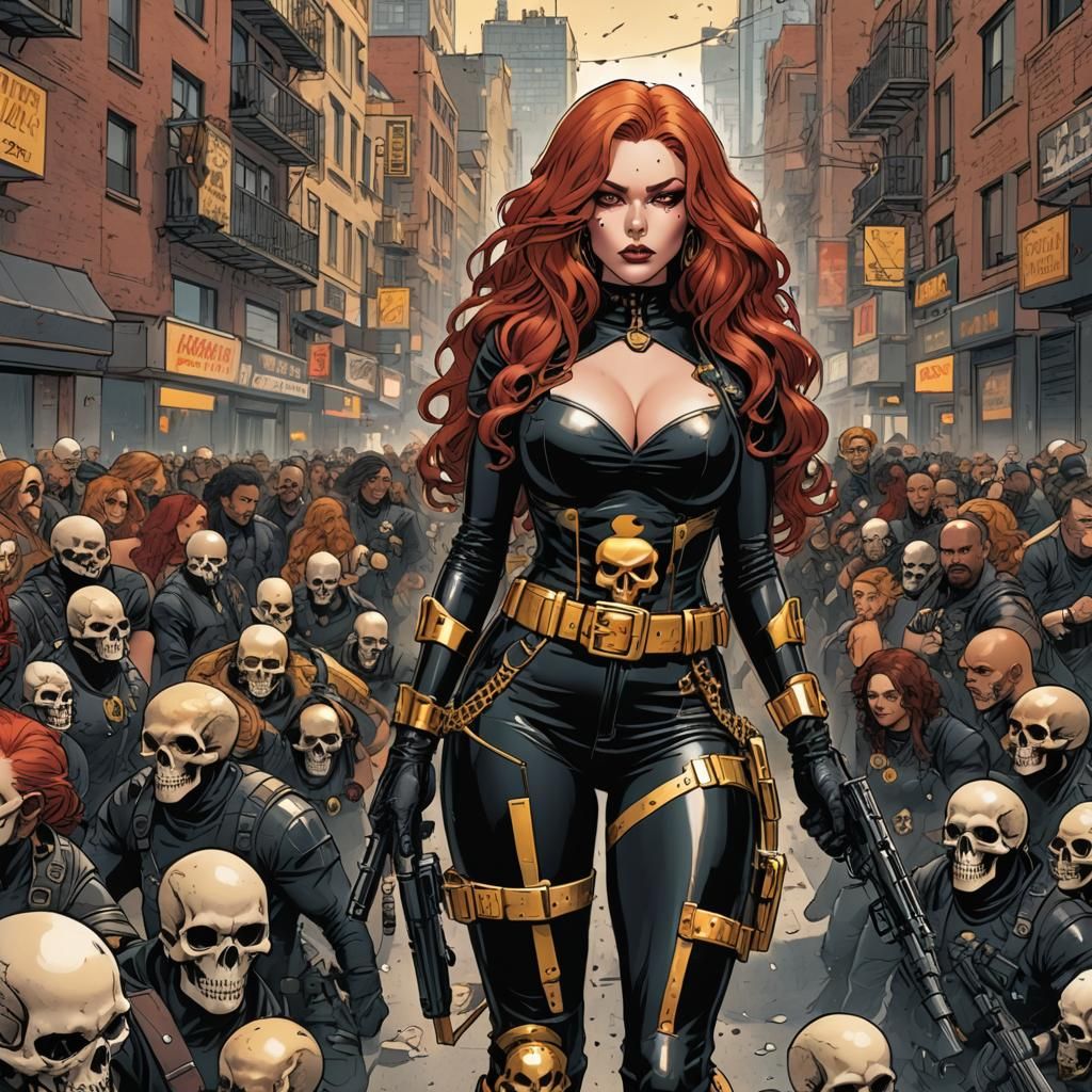 Cyberpunk Comic Heroine in Black and Gold Catsuit