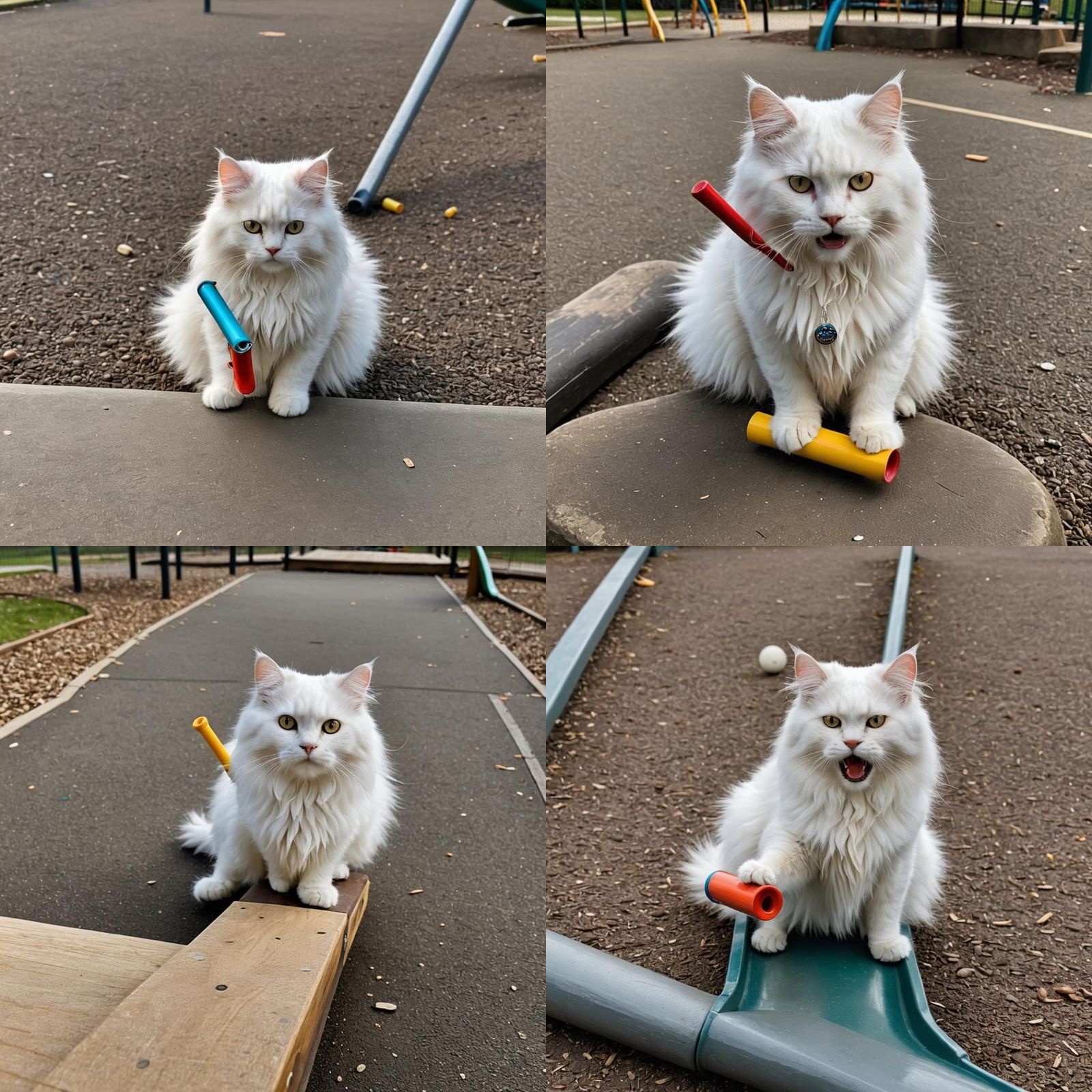 Fluffy White Cat Plays Kazoo on Slide