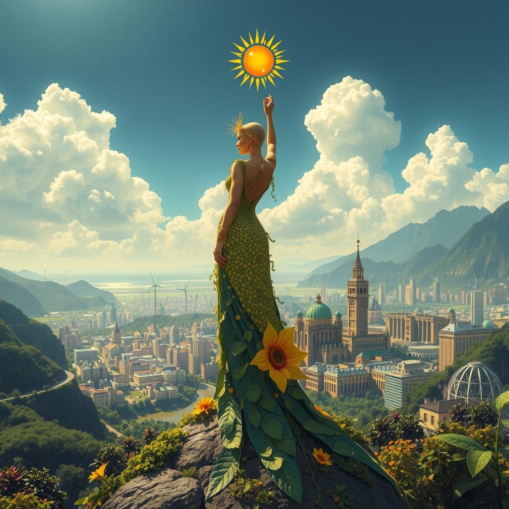 Solarpunk Goddess of the Sun Illuminates Sustainable City