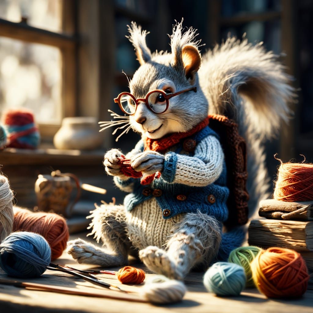 Elderly Squirrel Knitting Socks in Fairytale Style