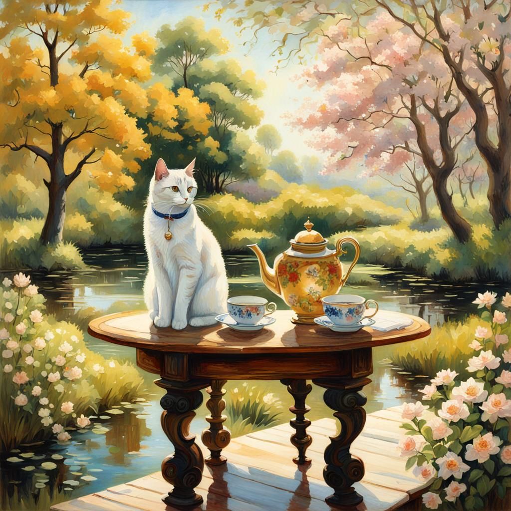 Golden Cat Sipping Tea in High Victorian Garden