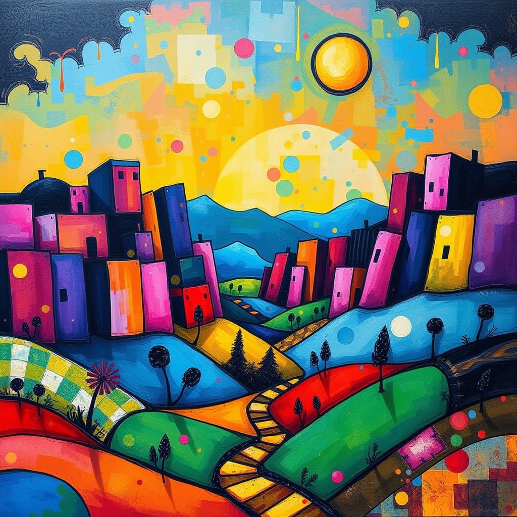 Abstract Expressionist Surrealist Landscape in Vibrant Color...