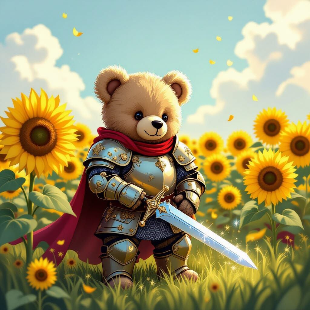 Teddy Bear Knight Guards Luminous Sunflower Field