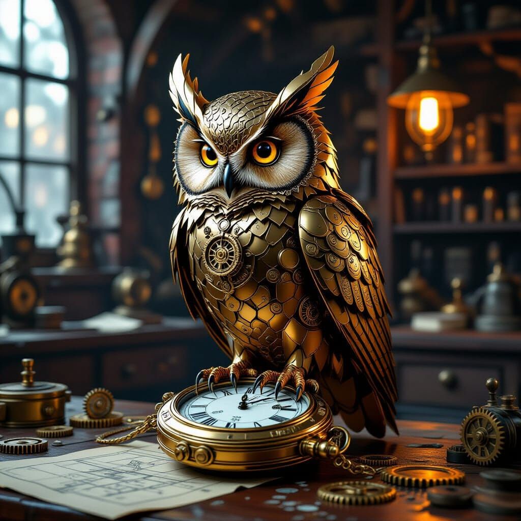 Steampunk Owl with Clockwork Details in Victorian Workshop