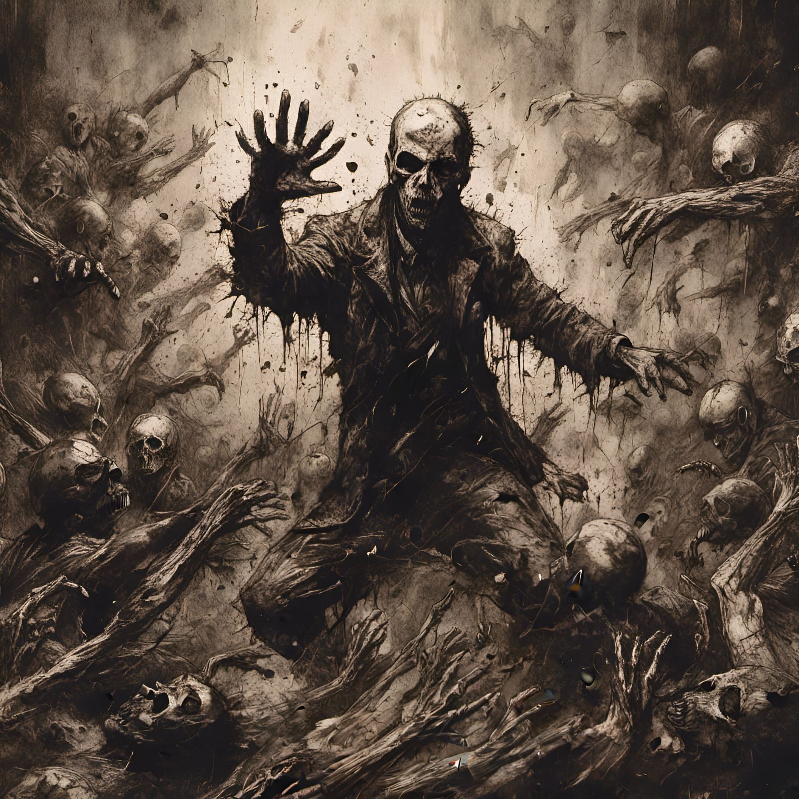 Powerful Hand Crushes Crowd in Dystopian Ink Painting