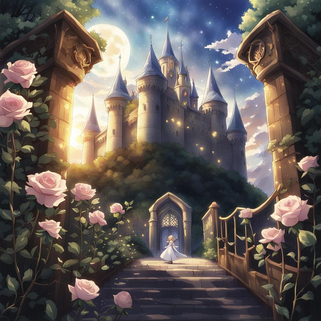 Enchanted Castle Garden with Silver Roses in Anime Style