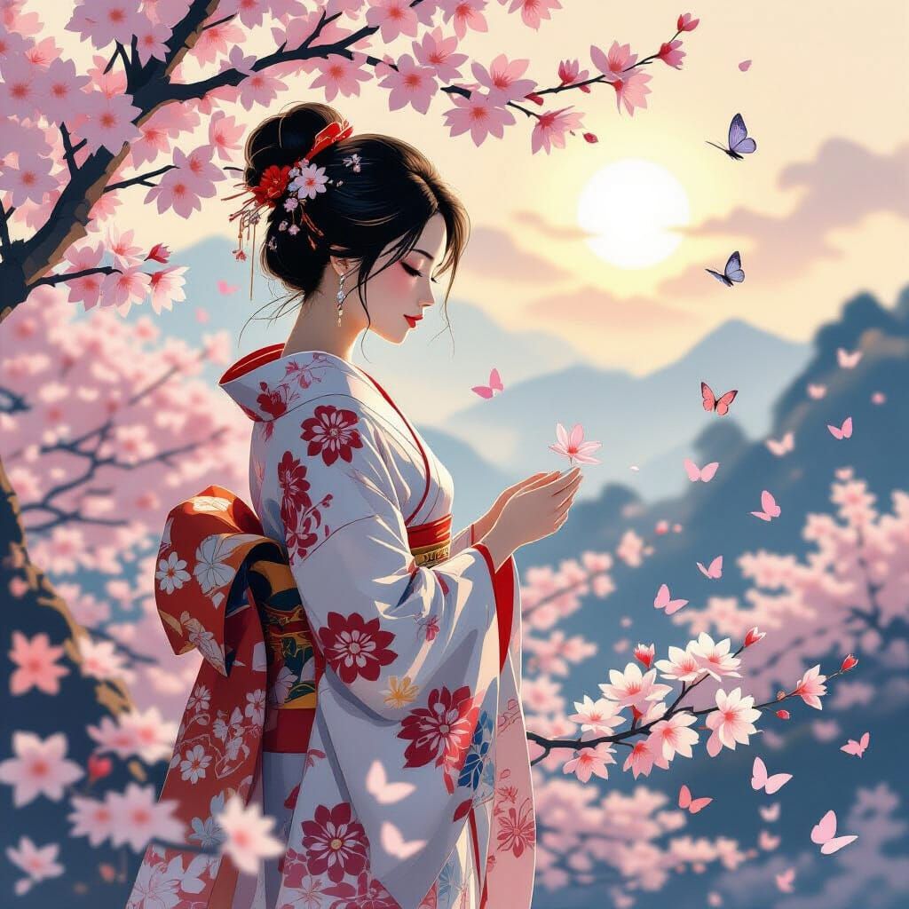 Kimono Woman in Cherry Blossoms, Ukiyo-e Style