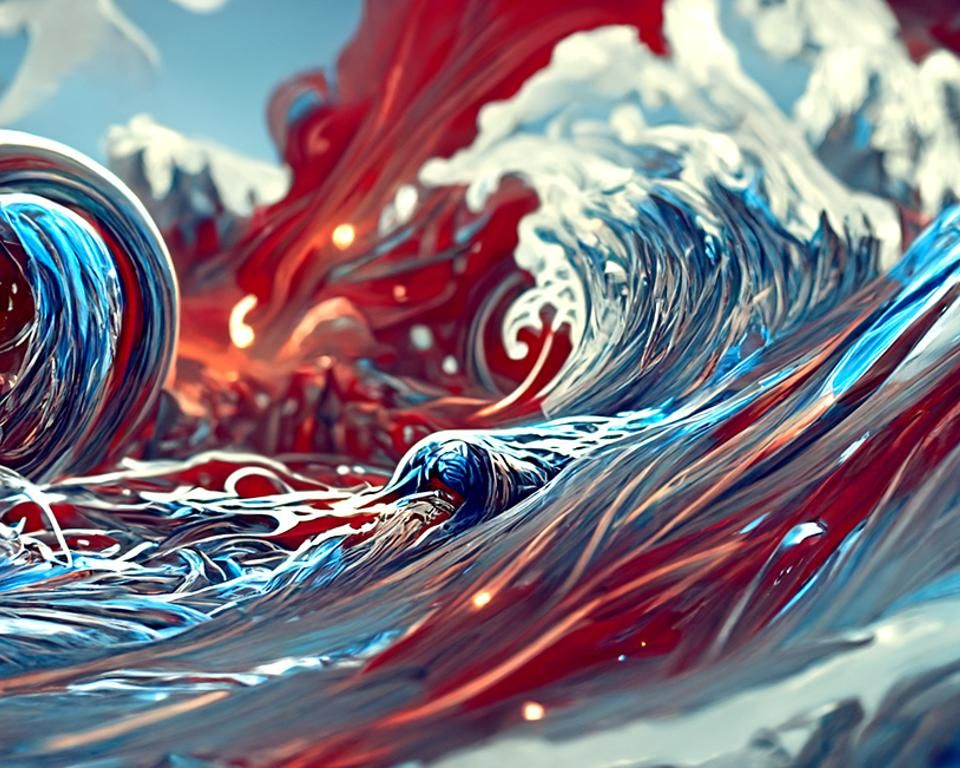Dynamic Blue and Red Waves Digital Artwork