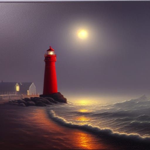 Eerie Lighthouse and Pirate Ship Painting
