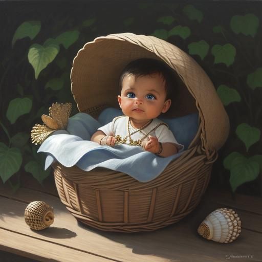 Baby Boy with Blue Eyes in Wicker Basket