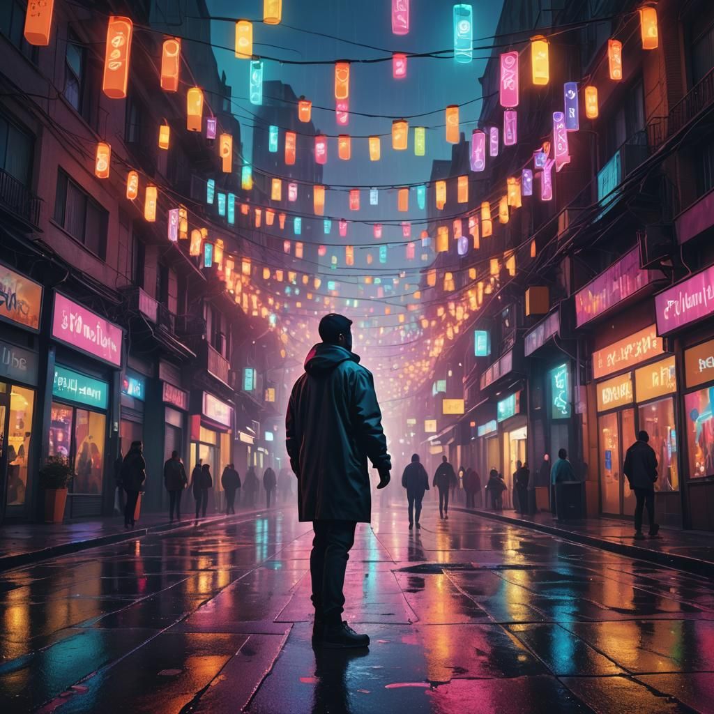 Colorful Lights Surround Person in City Street