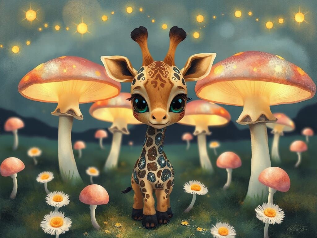 Giraffe Among Whimsical Celestial Mushrooms