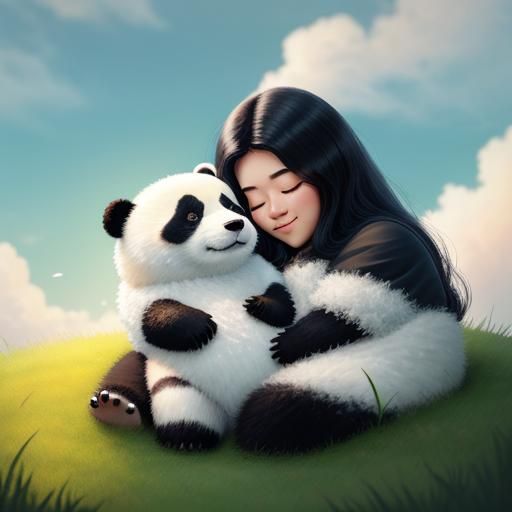 Charming Panda with Baby Sleeping on Fluffy Grass