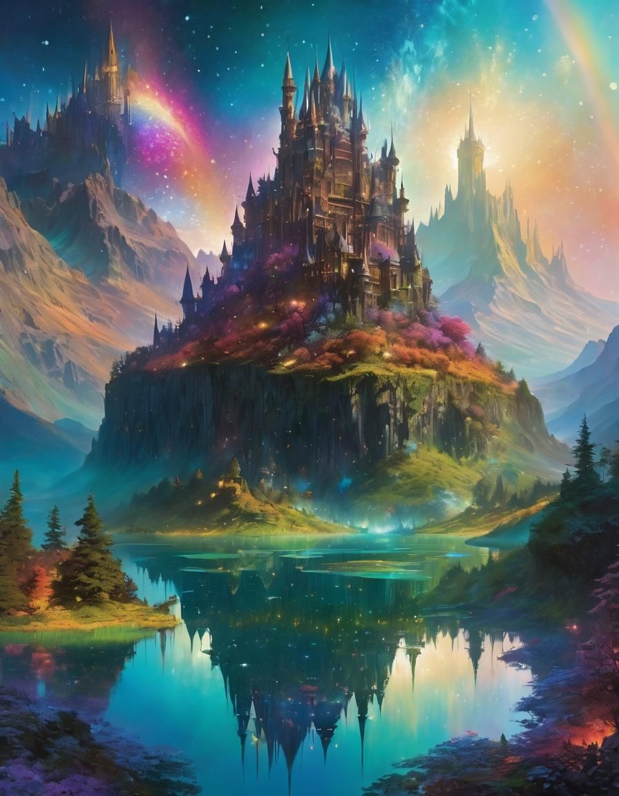 Magical Rainbow Castle Island in Aetherpunk Cityscape