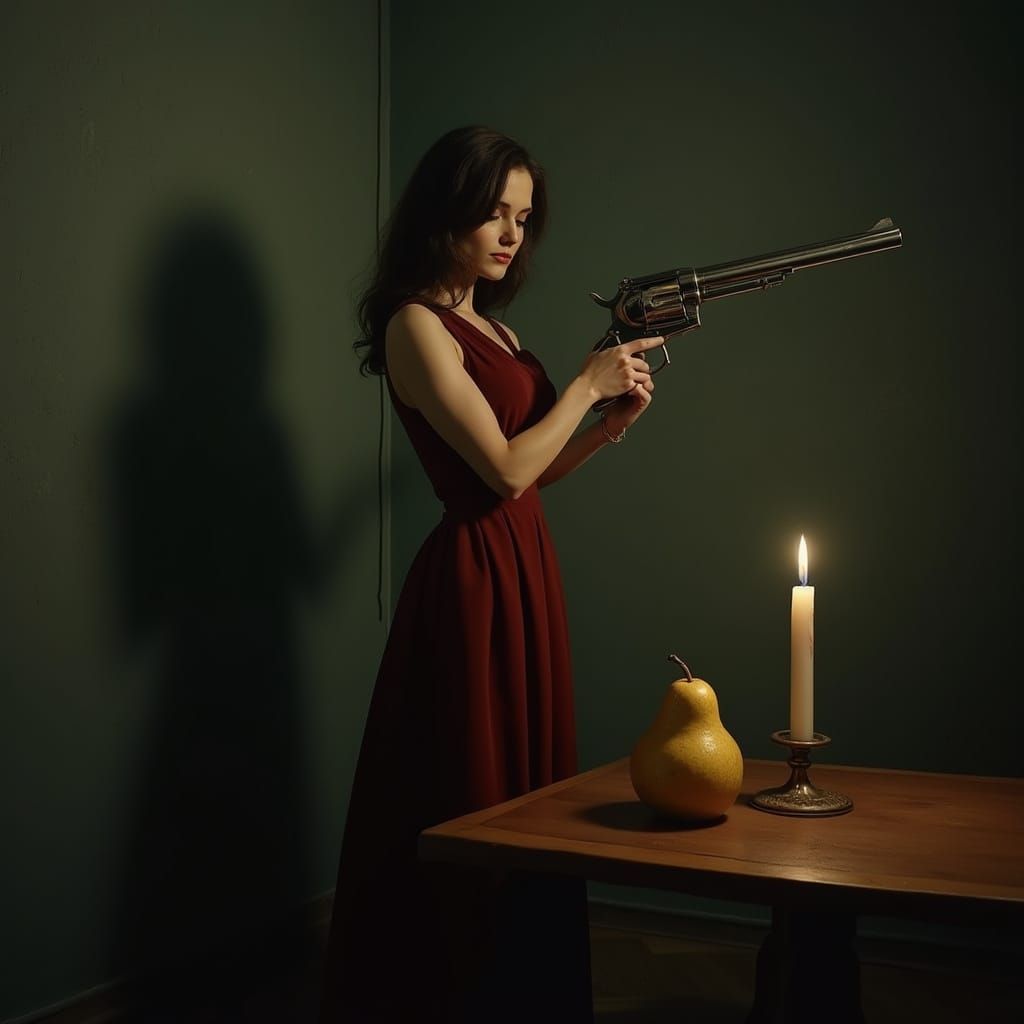 A Woman in a Dimly Lit Room Holds a Revolver and a Golden Pe...
