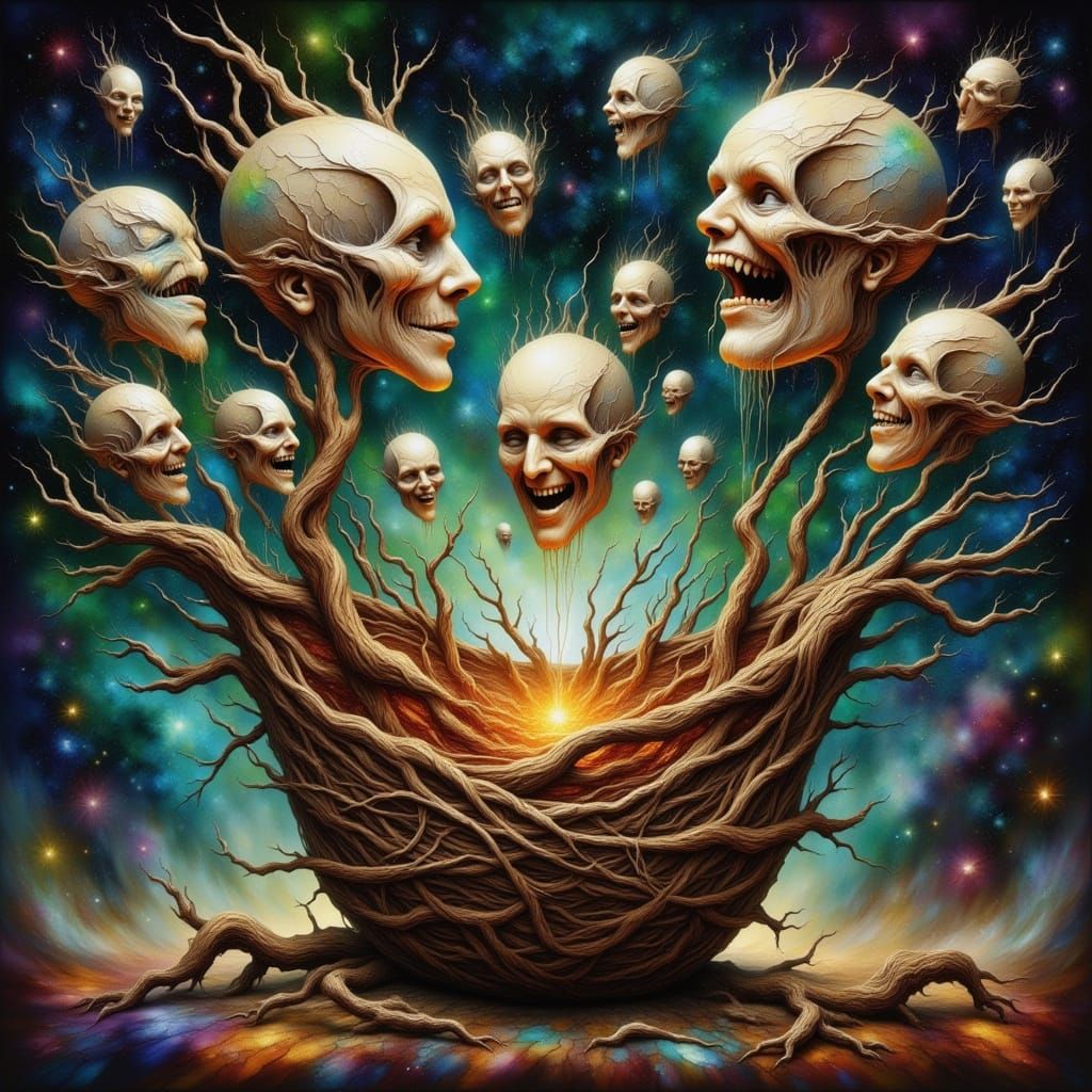 Surreal, Ornate Wooden Basket in Iridescent Web of Emotions