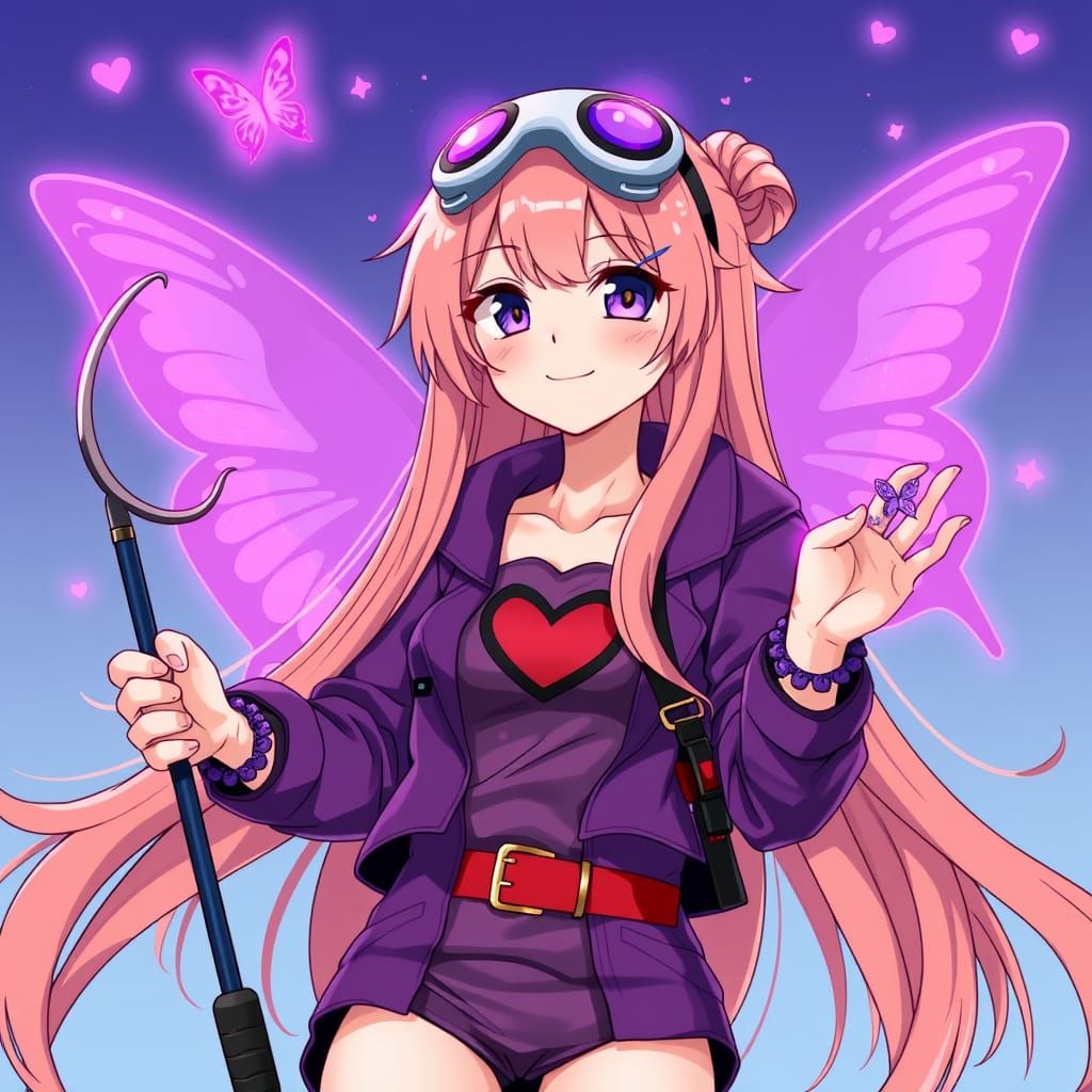 Vibrant Anime Girl Enchanted by Mystical Purple Butterfly