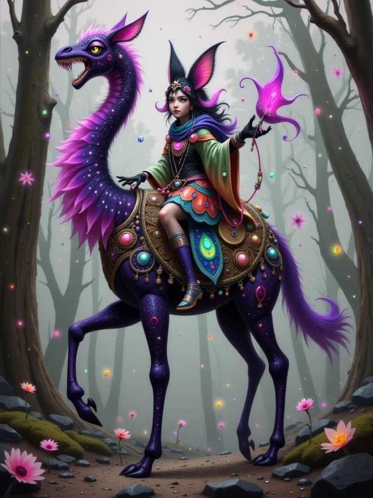 Fantasy Fox Merchant on Two-Headed Giraffe