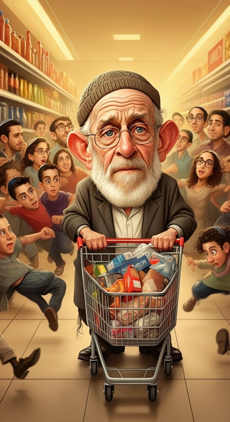 Elderly Zionist Man in Chaotic Supermarket