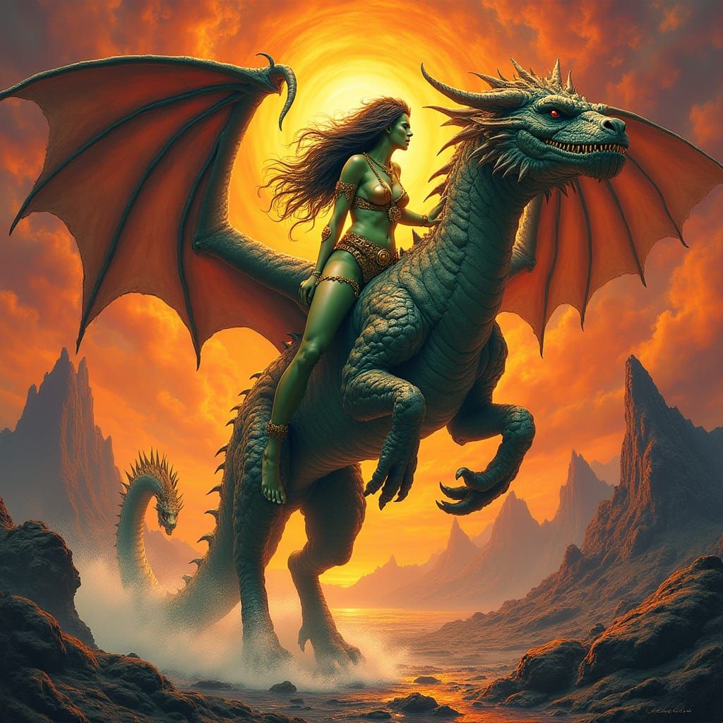 Ogre Barbarian Rides Dragon Through Cosmic Nebula