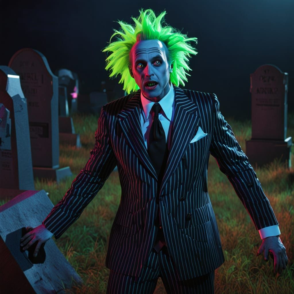Beetlejuice Emerges from the Grave in Neon Splendor