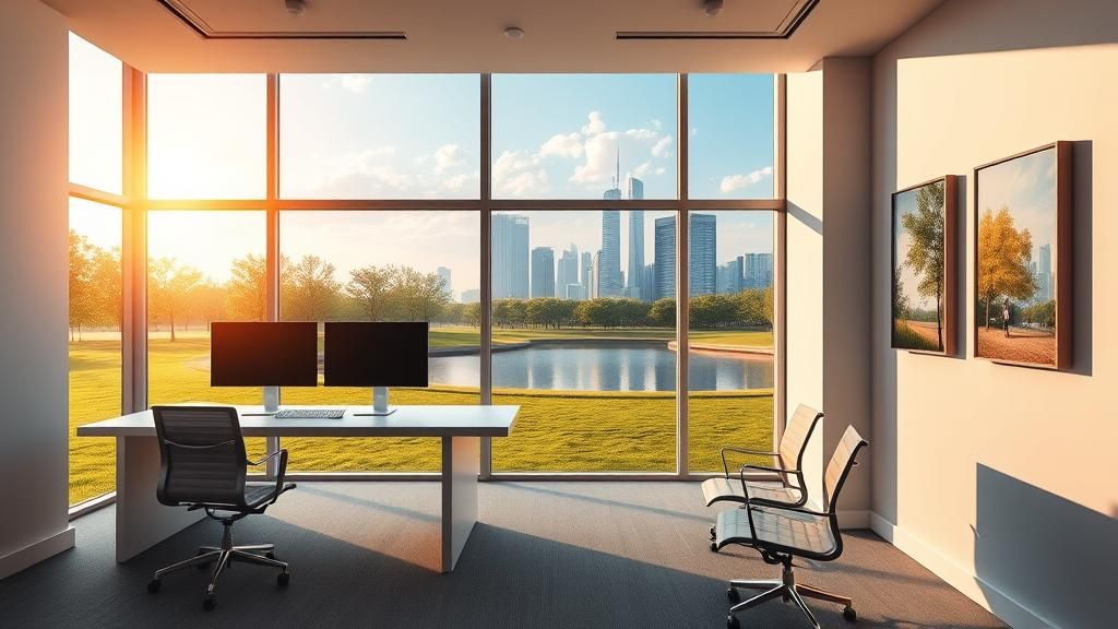 Minimalist Office with Serene Landscape in Impressionist Sty...