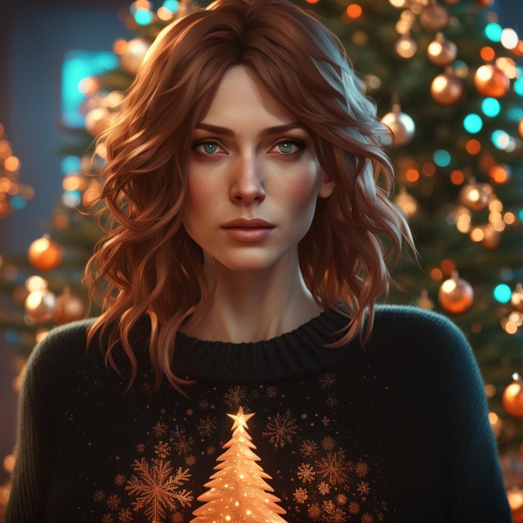 Woman in Black Sweater by Christmas Tree