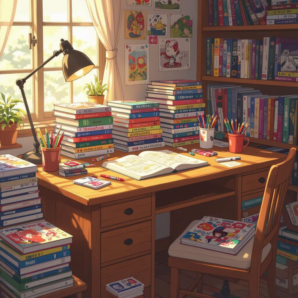 Cozy Anime Study Desk with Manga and Pens